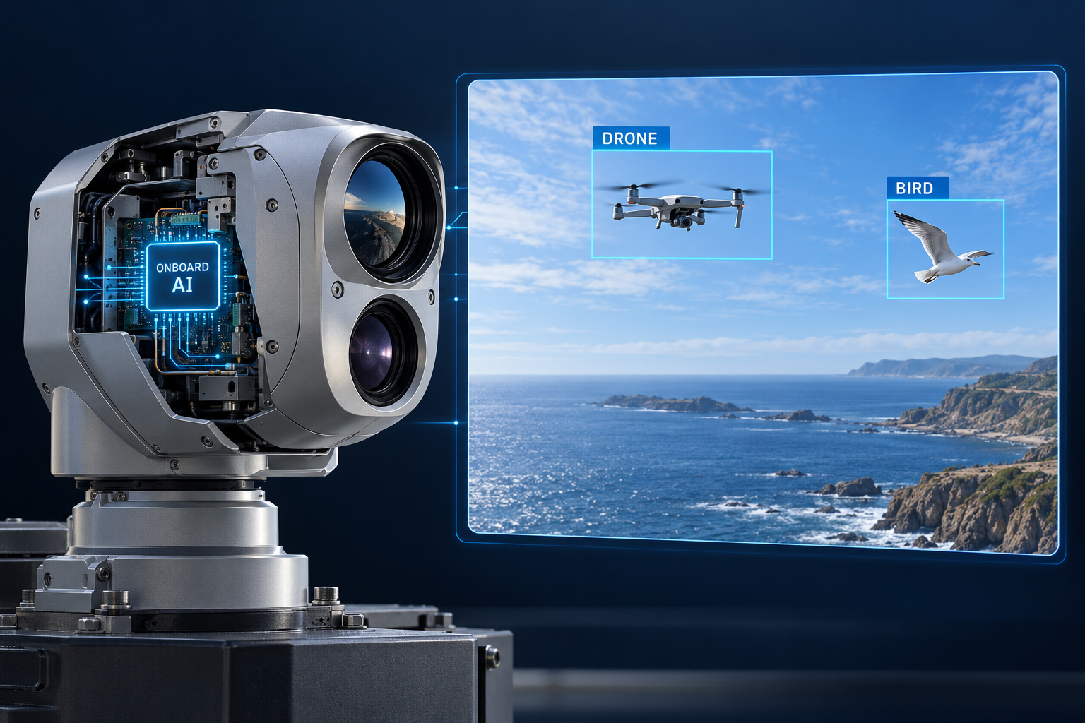 Concept illustration of onboard AI processing in an optical unit, with separate drone and bird classifications in a camera view