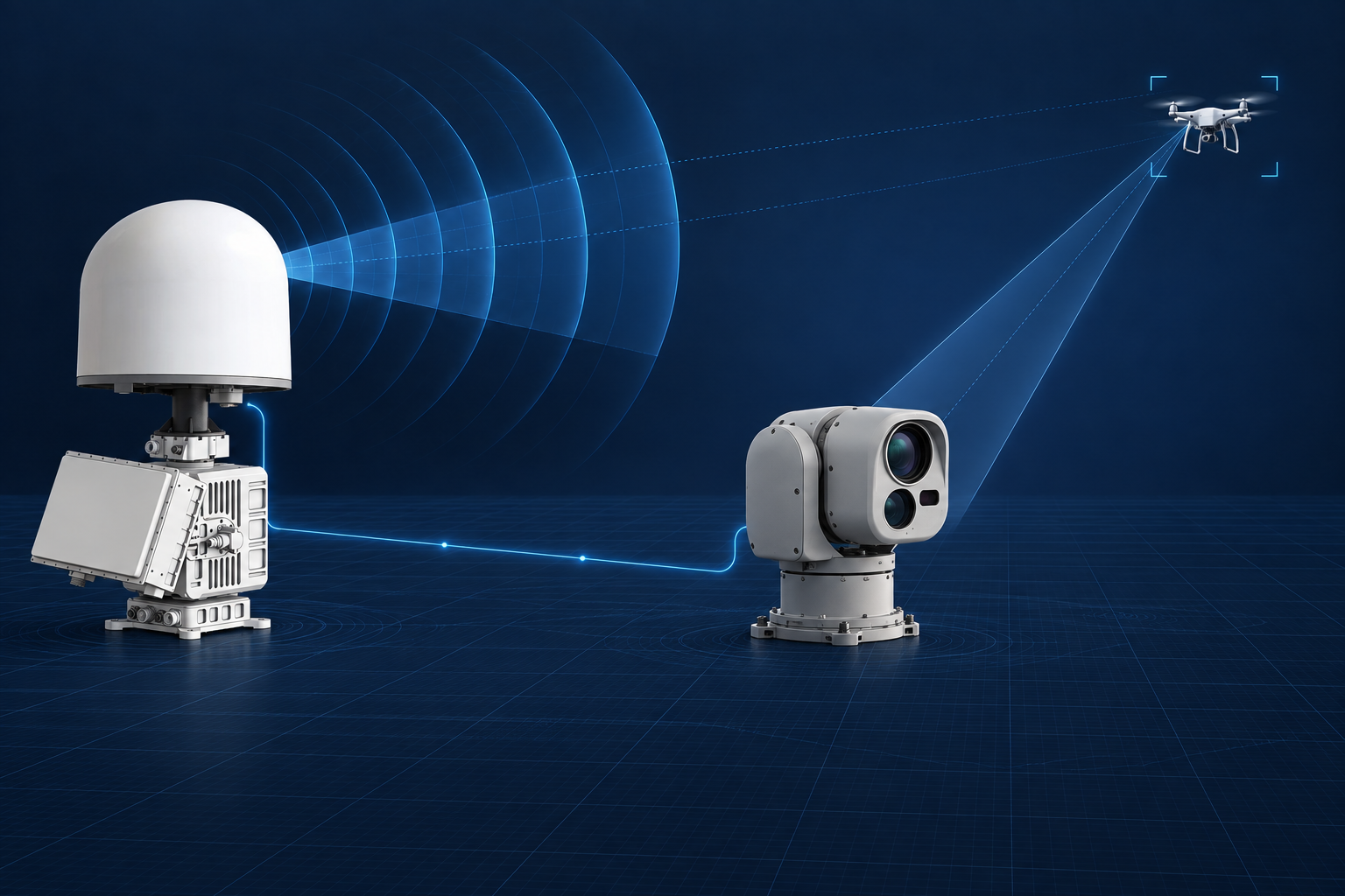 Concept illustration of the LR-500HB radar detecting a drone and cueing a compact optical unit to track the same target